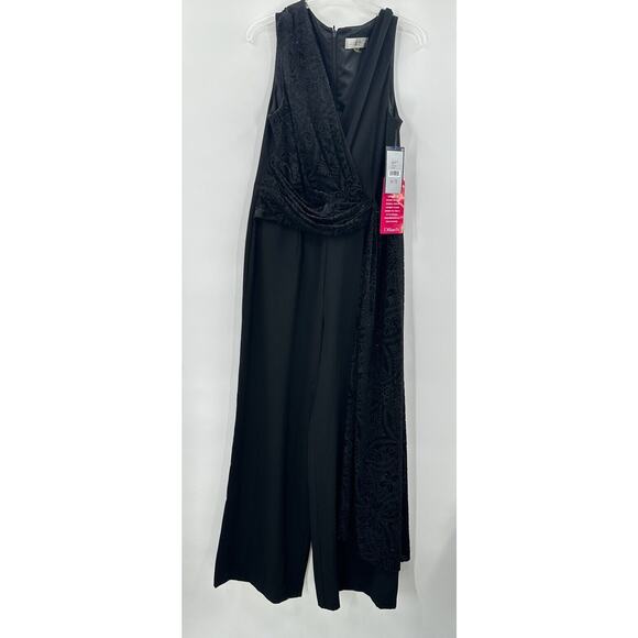 Tahari Arthur S Lavin Size 12p Black Velvet Wide Leg Jumpsuit Black Sparkle Slas - Picture 3 of 16